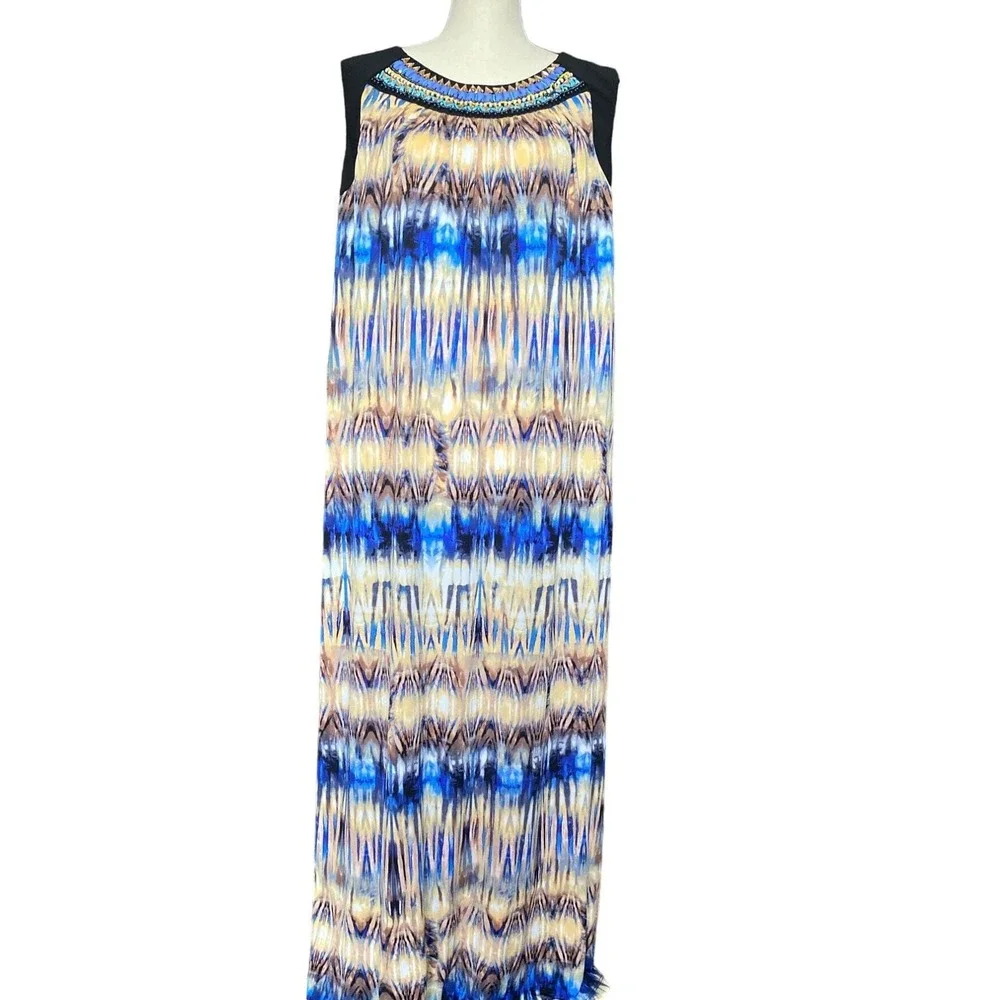 Embellished  Bejeweled  Neck‎ Maxi Dress Sleeveless Blue Brown women 14W